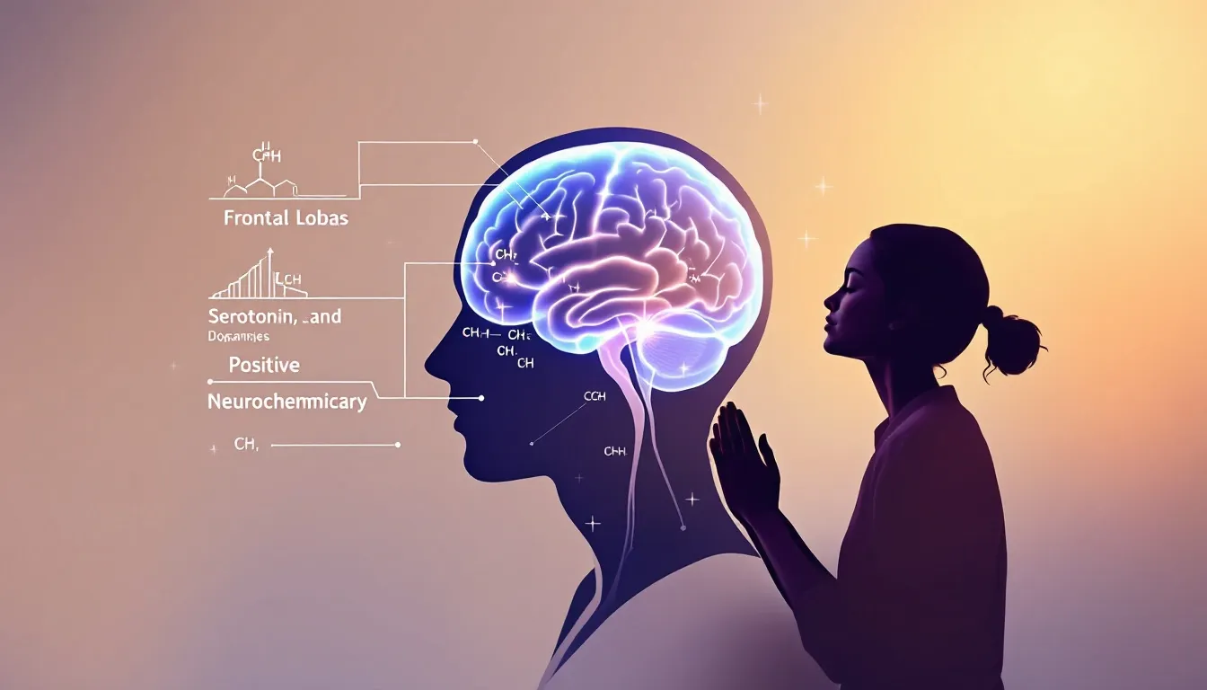 Illustration of a person praying with a brain scan overlay showing increased serotonin and dopamine levels.