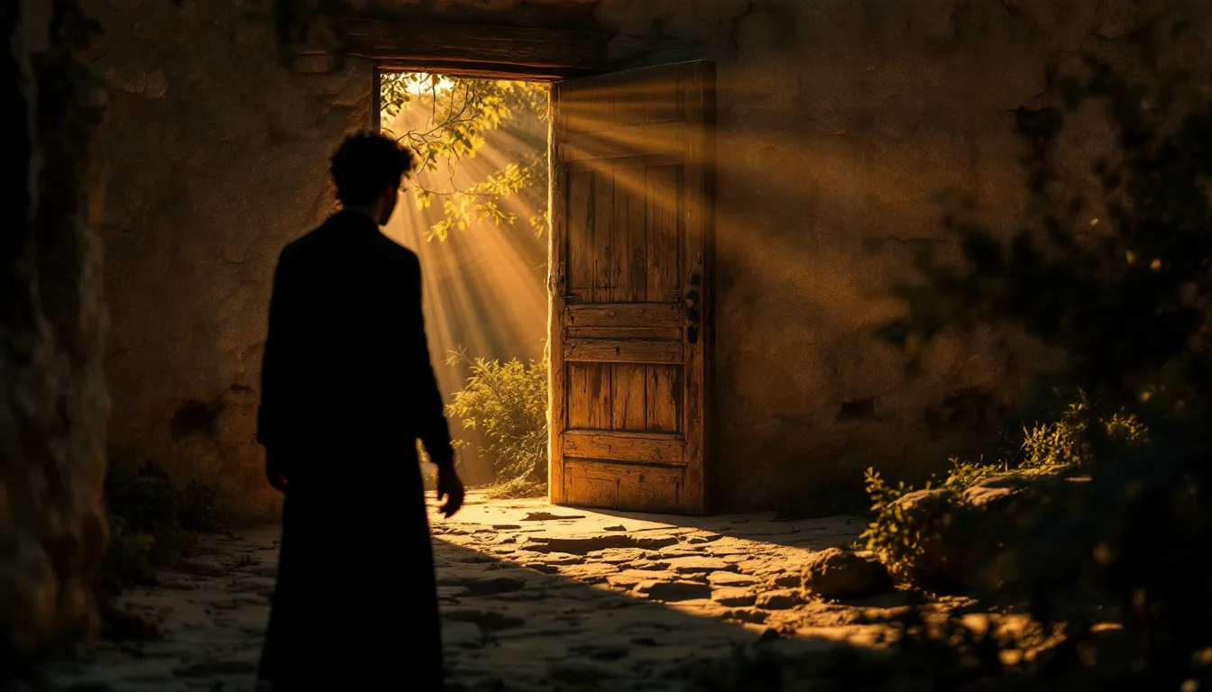 Person approaching open door emitting divine light, symbolizing opportunity for reconciliation and genuine relationship with Christ - Я ніколи тебе не знав